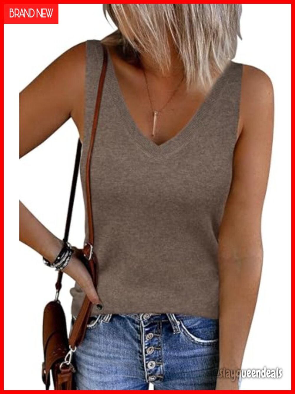 Wool Blend V Neck Sweater Tank Top Slim Fit Fall Work Casual Knit